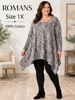 Romans 1X Snake Print Tunic Top 100% Cotton Long Sleeve Handkerchief Hem